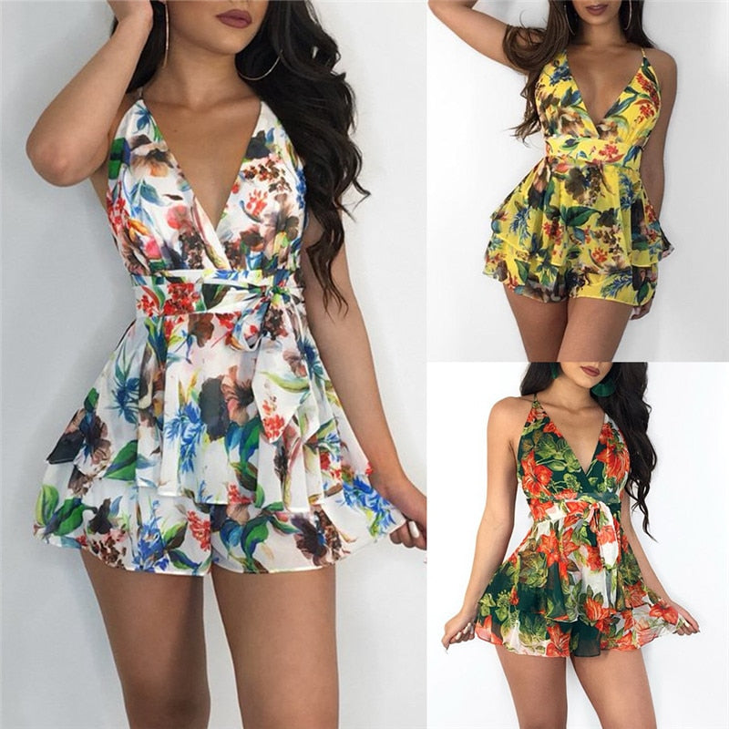 Trendy Summer Women clothes Sleeveless Floral print V-neck Playsuit Ladies backless Polyester Romper one pieces