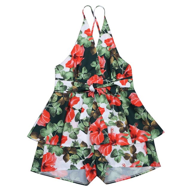 Trendy Summer Women clothes Sleeveless Floral print V-neck Playsuit Ladies backless Polyester Romper one pieces