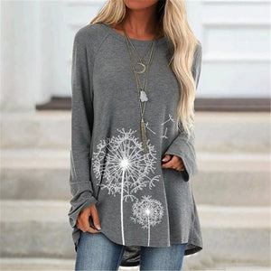 Dandelion Print Tshirt Top Long Sleeve Women Casual Tees Loose O-Neck T-Shirts Large Sizes 5XL Lady Tops Female Clothes 2019