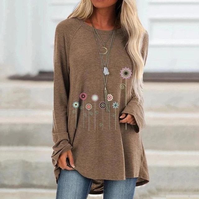 Dandelion Print Tshirt Top Long Sleeve Women Casual Tees Loose O-Neck T-Shirts Large Sizes 5XL Lady Tops Female Clothes 2019