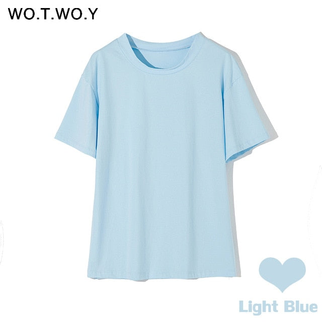 WOTWOY Summer Knitted Basic Solid T-shirt Women Casual Cotton Short Sleeve Tee-Shirts Female Tops Women 2020 New Fashion S-XL