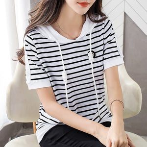 Women's Short Sleeve 2020 New Large Size Loose Striped Hooded Summer Hooded T-shirt Top Half Sleeve Fashion Clothes AE0008