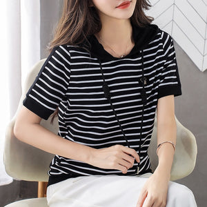 Women's Short Sleeve 2020 New Large Size Loose Striped Hooded Summer Hooded T-shirt Top Half Sleeve Fashion Clothes AE0008