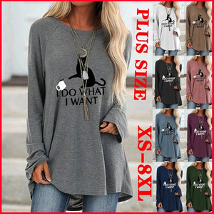 New Women Spring Autumn Clothes Casual Printed Round Neck Long Sleeves Tunic T-Shirt Loose Cotton Pullover Plus Size