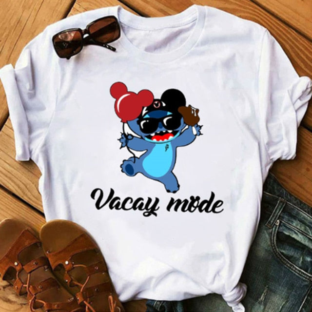 Disney Lilo Stitch Cartoon T-shirts Tops for Women Lady S-3XL Summer Female T-shirts White O-neck Ohana Stitch Hot Tees T-shirts