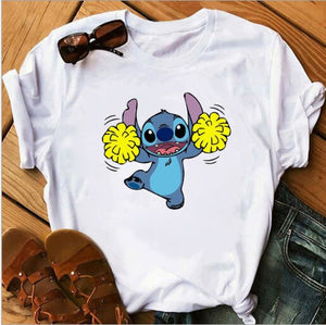 Disney Lilo Stitch Cartoon T-shirts Tops for Women Lady S-3XL Summer Female T-shirts White O-neck Ohana Stitch Hot Tees T-shirts